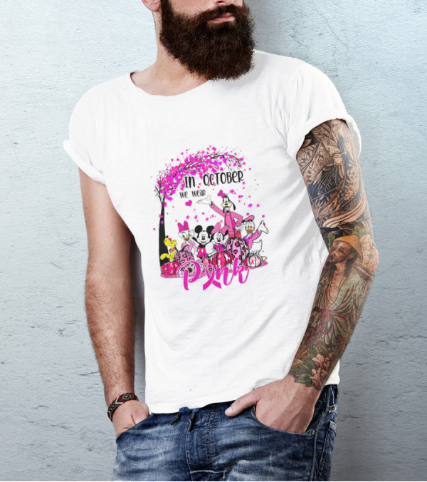 In October We Wear Pink Disney Characters Breast Cancer Awareness T-Shirt