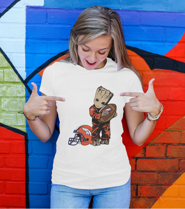 Groot Hugging Denver Broncos Football And Helmet T-Shirt