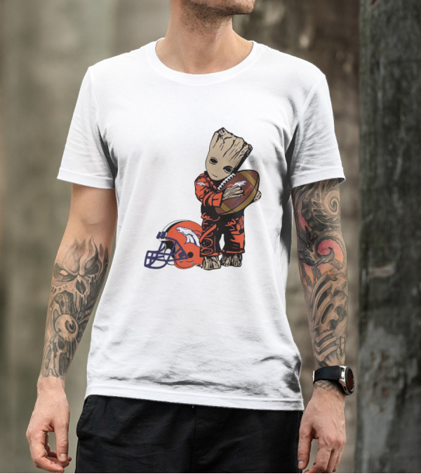 Groot Hugging Denver Broncos Football And Helmet T-Shirt
