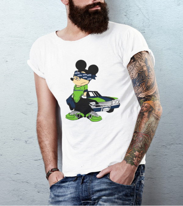 Seattle Seahawks Mickey Mouse Gangster Car Football Fan T-Shirt