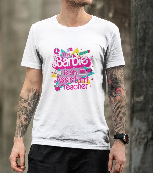 This Barbie Is An Assistant Teacher With Headphones Pencil Book Laptop Apple T-Shirt
