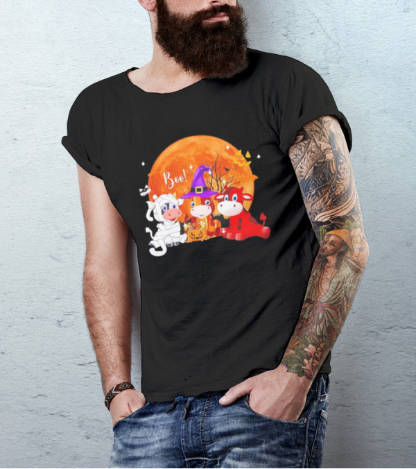 Boo Three Cow Halloween With Witch Hat Mummy And Devil In Front Of Full Moon T-Shirt