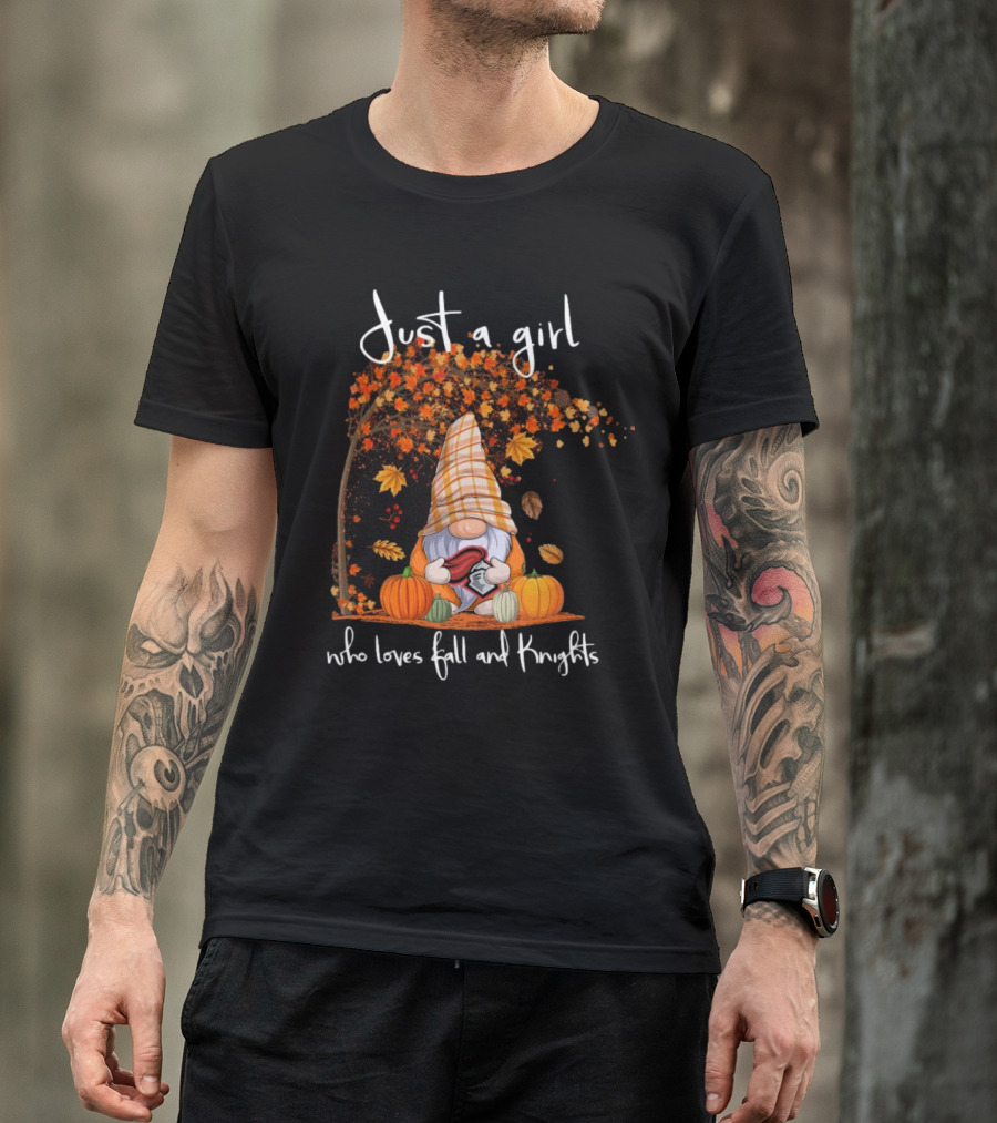 Just A Girl Who Loves Fall And Knights With Gnome And Autumn Leaves T-Shirt