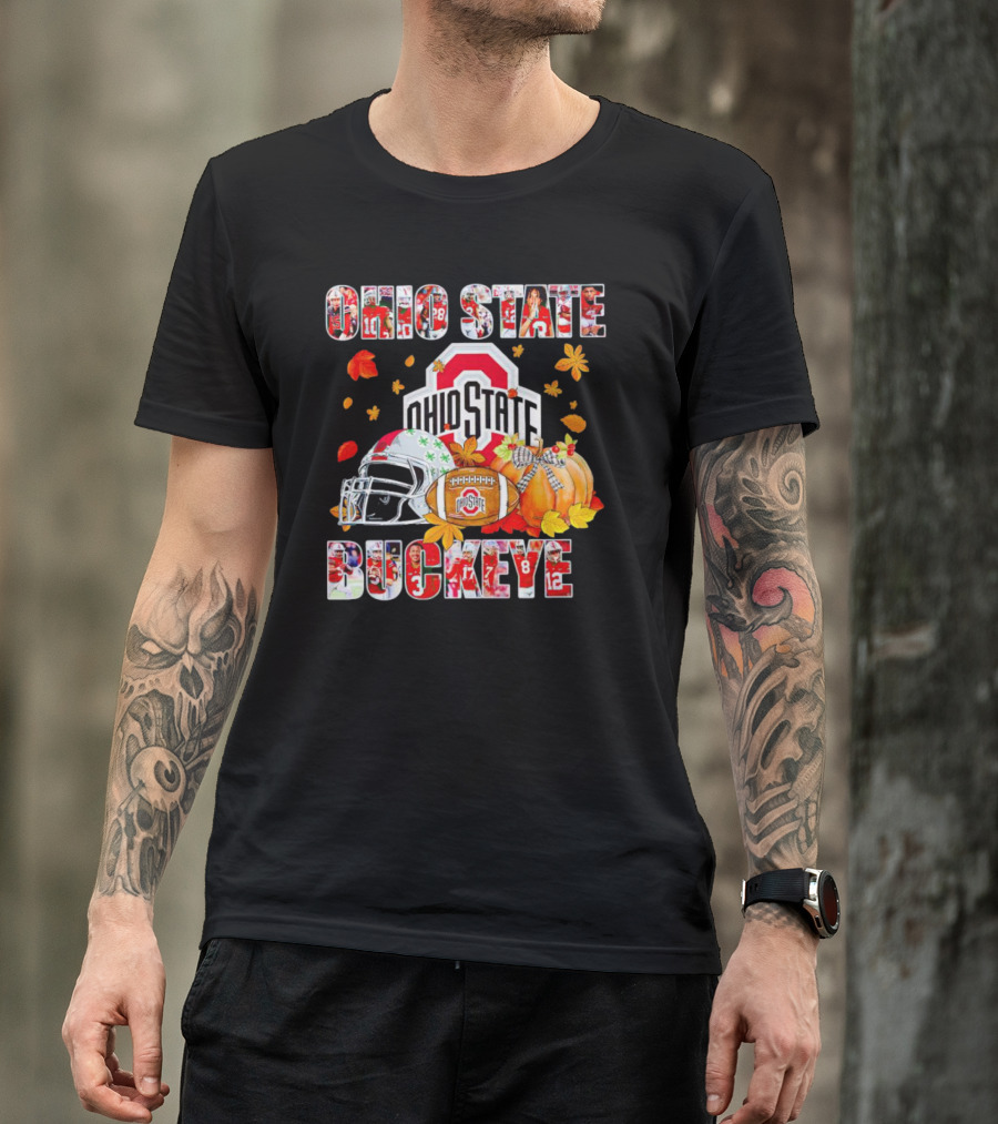 Ohio State Buckeyes Football Autumn Leaves Helmet Pumpkins T-Shirt