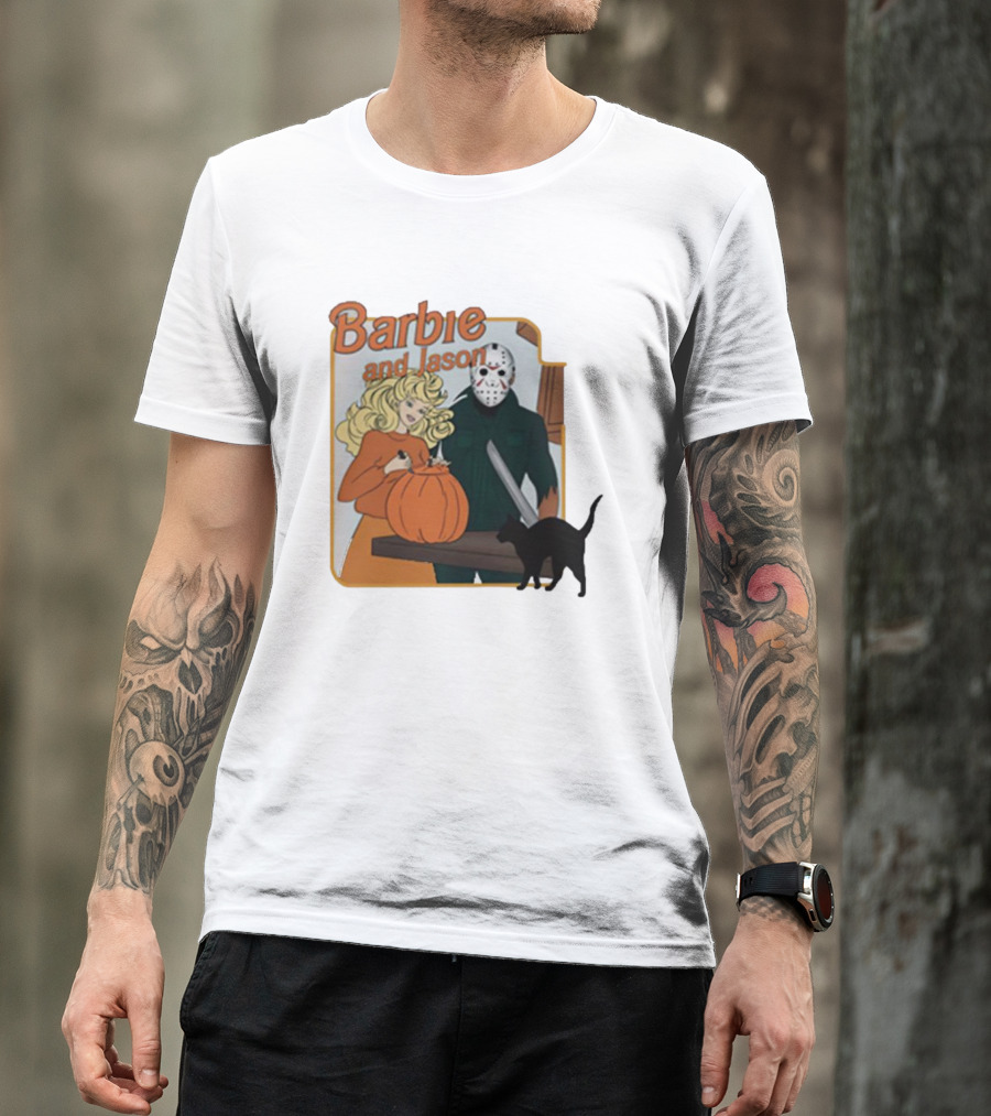 Barbie And Jason Halloween Pumpkin Carving With Black Cat T-Shirt