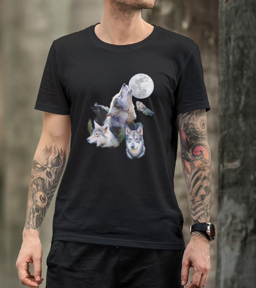 Gas Station Wolf Howling At Full Moon Trio T-Shirt