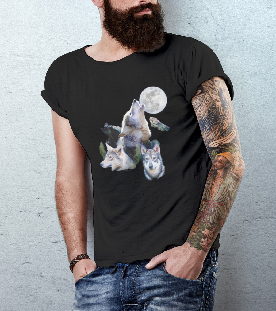 Gas Station Wolf Howling At Full Moon Trio T-Shirt