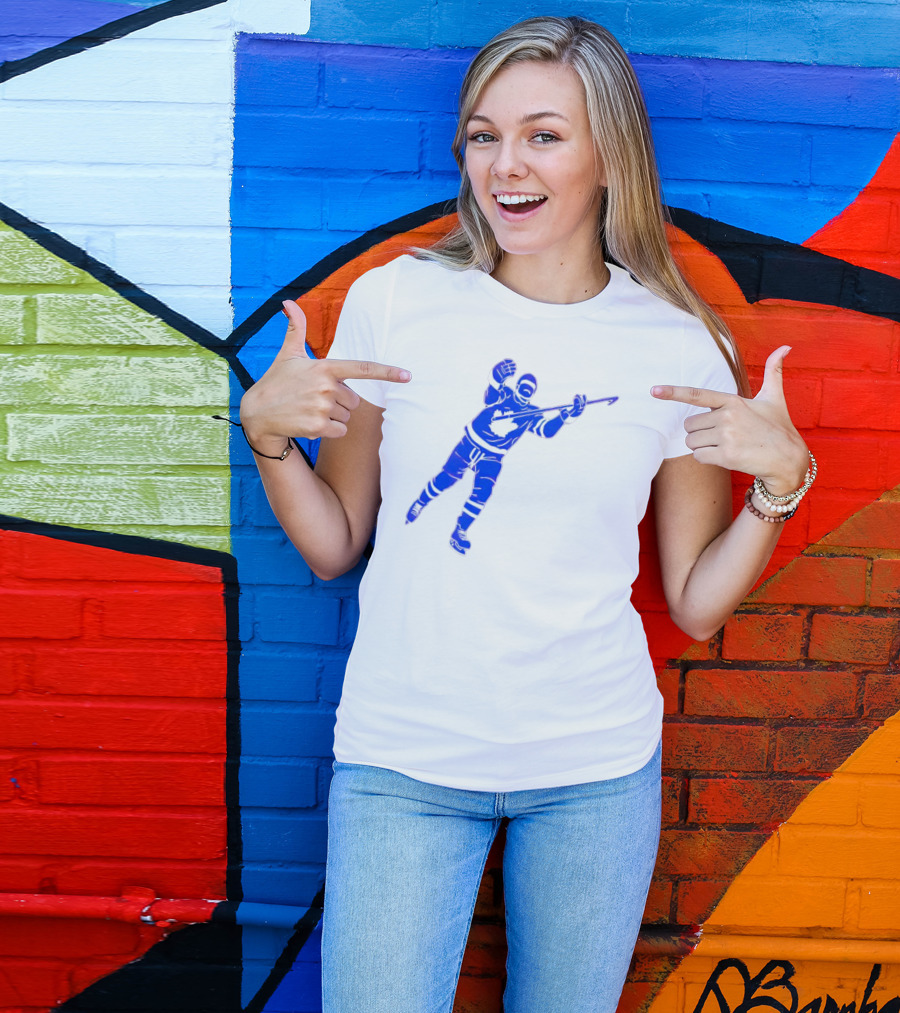 Auston Matthews Celebratory Pose Toronto Maple Leafs Player In Blue And White Hockey Gear T-Shirt