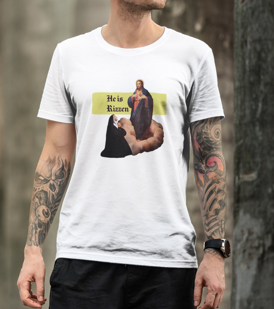 He Is Rizzen Jesus With Nun Praying On Cloud T-Shirt