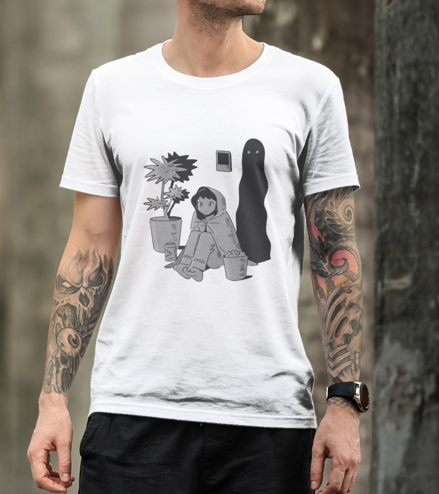 Phantom Cozy: Ghostly Companion And Snuggled Figure With Plant And Snacks T-Shirt