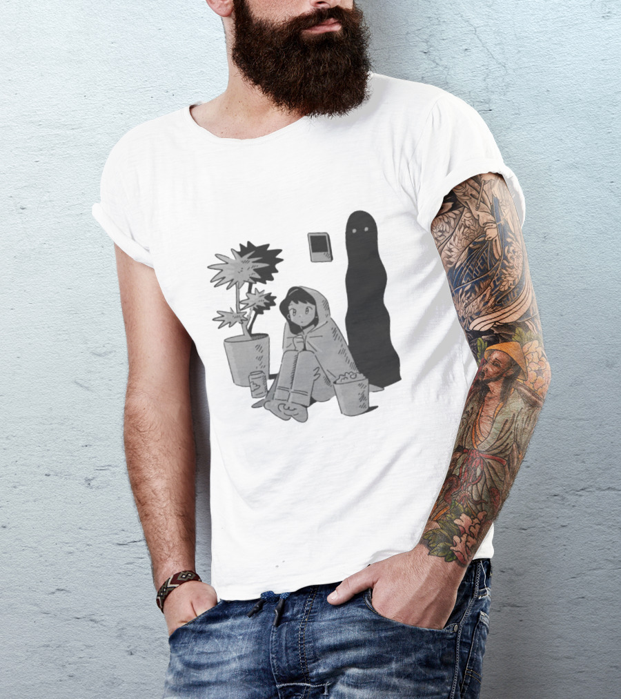 Phantom Cozy: Ghostly Companion And Snuggled Figure With Plant And Snacks T-Shirt