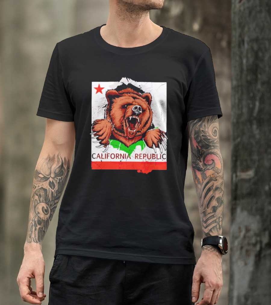California Republic Bear Roaring Star Red Stripe T-Shirt