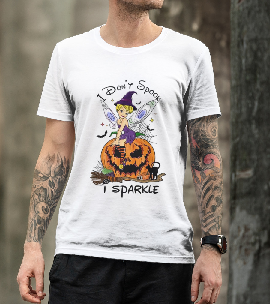 I Don’t Spook I Sparkle Witch Fairy On Pumpkin Halloween Scene T-Shirt