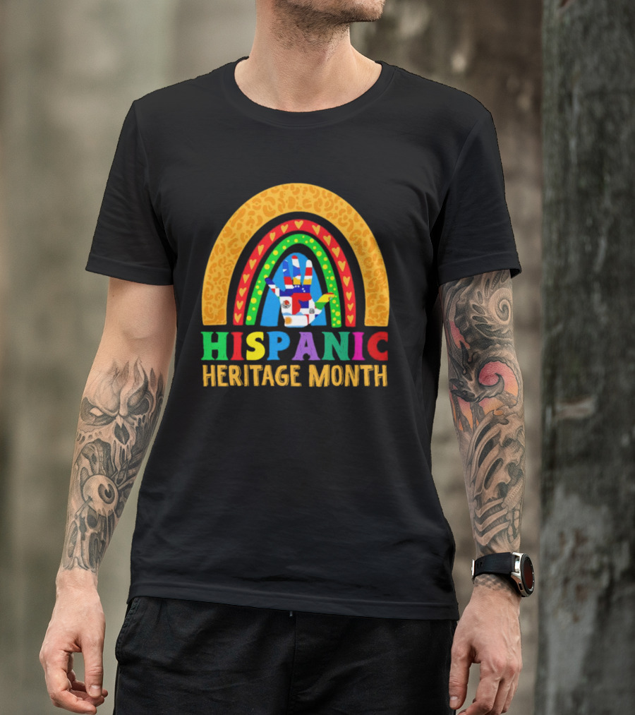 Hispanic Heritage Month Rainbow With Flag Mosaic Hand T-Shirt