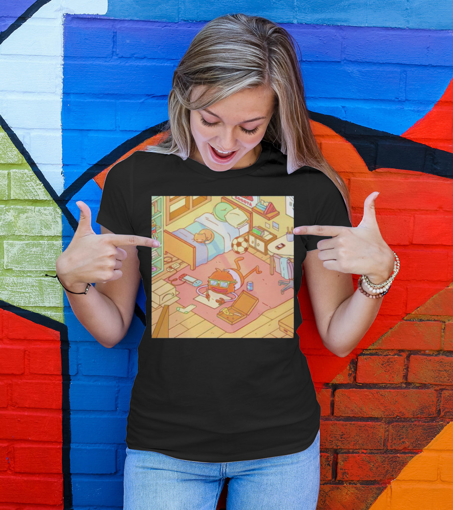 Chillin' Wolfi Gaming Bedroom With Cat And Pizza T-Shirt