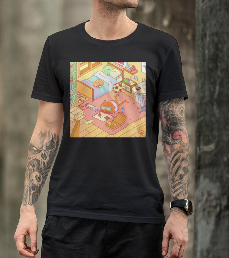 Chillin' Wolfi Gaming Bedroom With Cat And Pizza T-Shirt