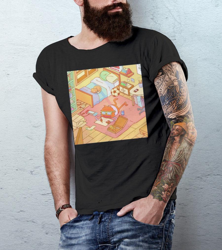 Chillin' Wolfi Gaming Bedroom With Cat And Pizza T-Shirt
