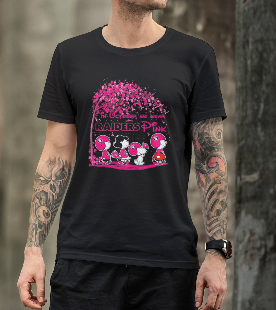 In October We Wear Raiders Pink Peanuts Breast Cancer Awareness T-Shirt
