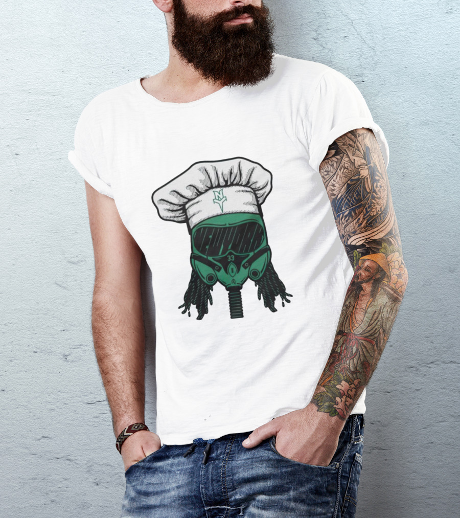 Jet Pilot Cook Chef Hat And Mask With Green Helmet And Braids T-Shirt