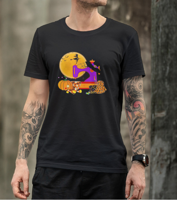 Halloween Witch Flying Over Sewing Machine With Pumpkins And Patchwork T-Shirt