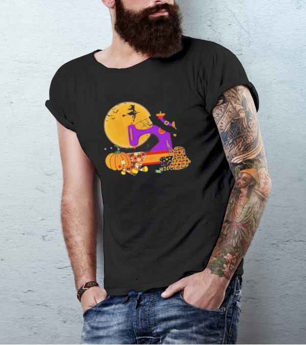 Halloween Witch Flying Over Sewing Machine With Pumpkins And Patchwork T-Shirt