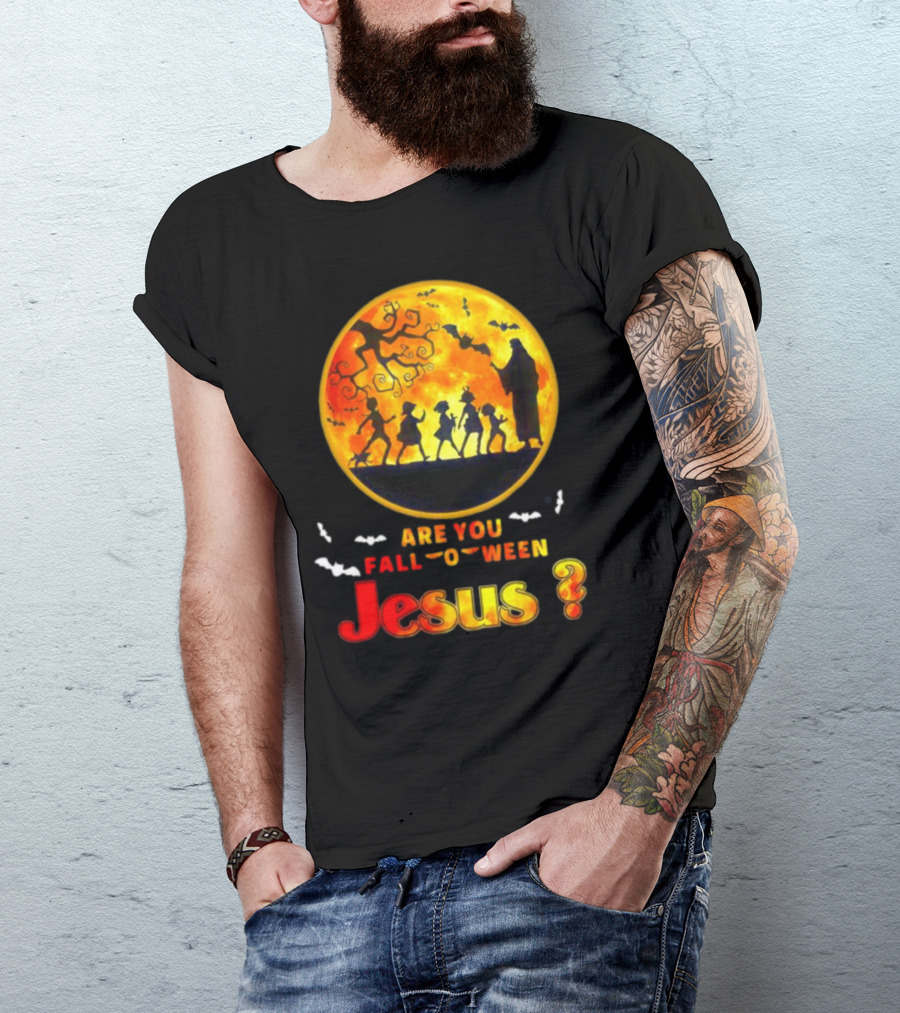 Are You Fall O Ween Jesus Halloween Silhouette With Bats And Tree T-Shirt