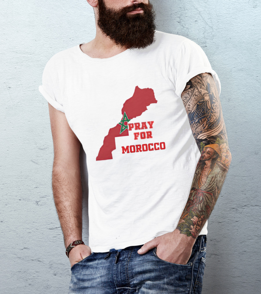Pray For Morocco Map With Green Star And Red T-Shirt
