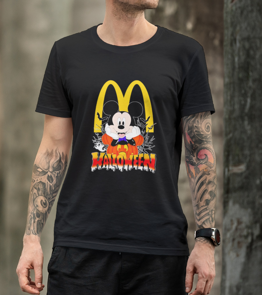 Mickey Mouse Halloween Pumpkin McDonald's Logo With Bats T-Shirt