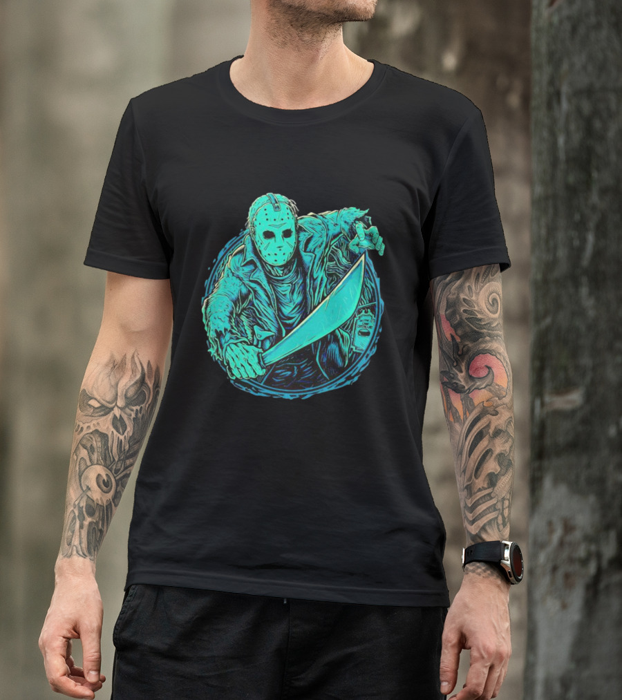 The Crystal Lake Slasher Jason Voorhees Mask And Machete T-Shirt