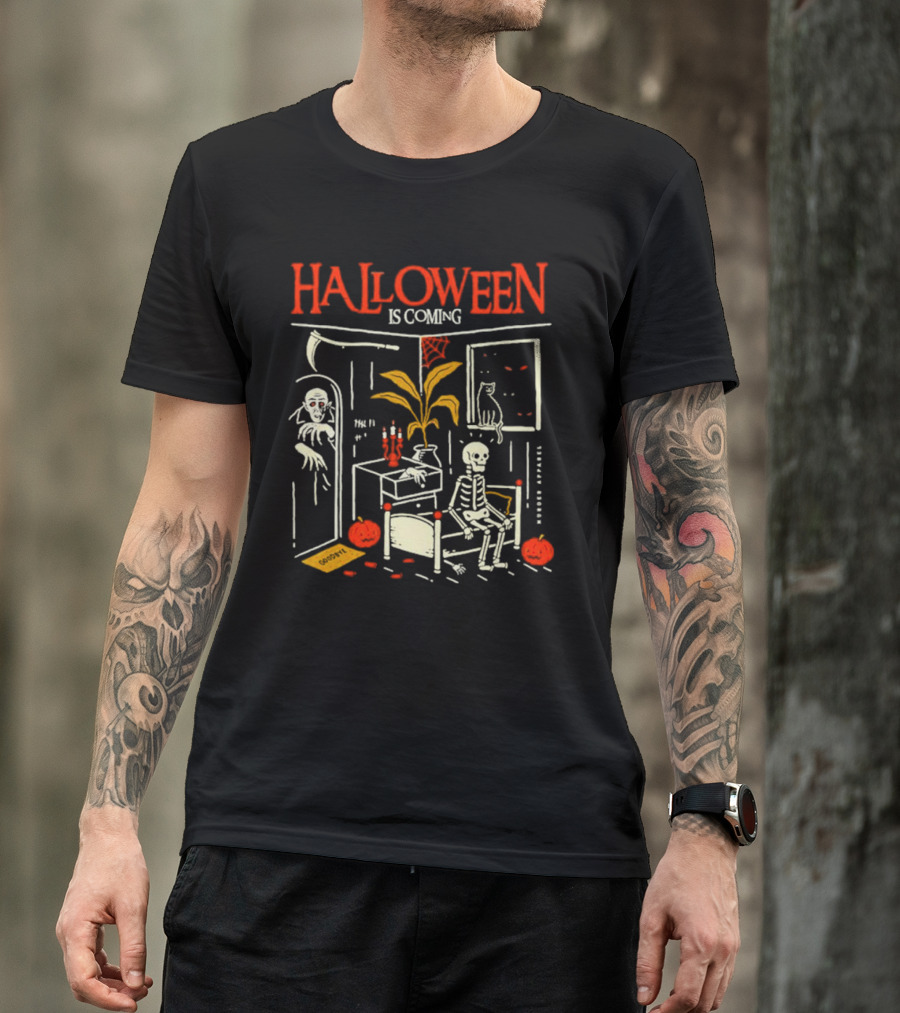 Halloween Is Coming Skeleton With Ghost And Pumpkins In Spooky Room T-Shirt