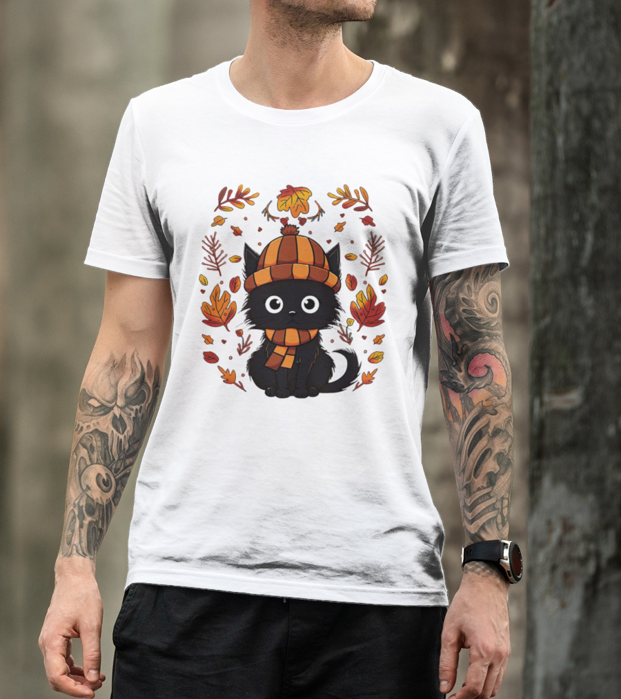 Black Cat Autumn Leaves Cozy Fall T-Shirt