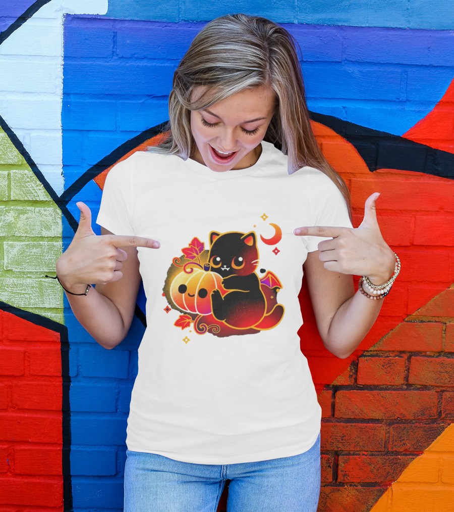 Cat Demon Halloween Moon Pumpkin Leaves Bat Wings T-Shirt