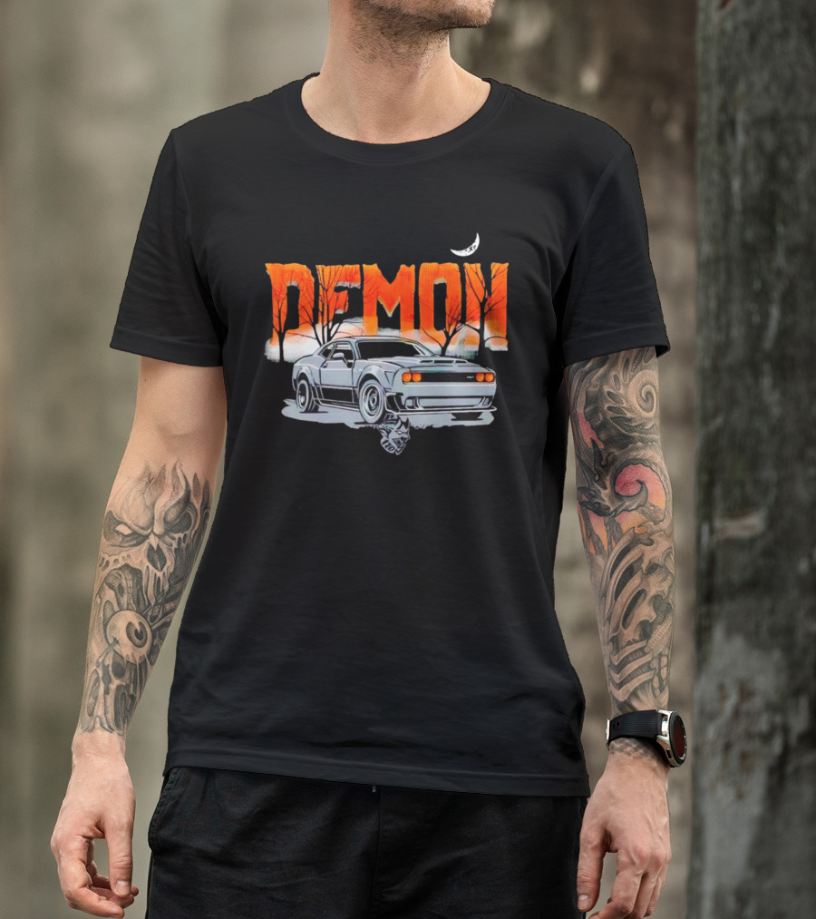 Demon Dodge Challenger SRT Halloween Moon Scene T-Shirt