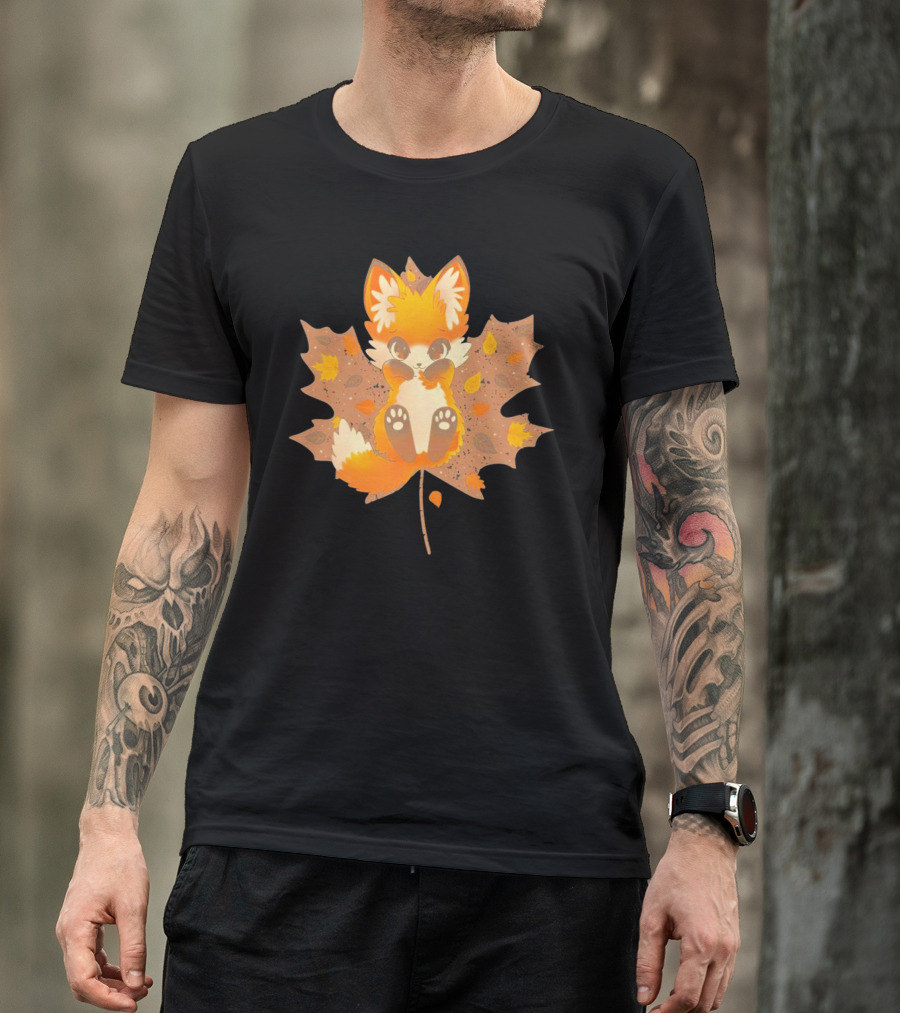 Kitsune Autumn Fox With Maple Leaf And Fall Colors T-Shirt