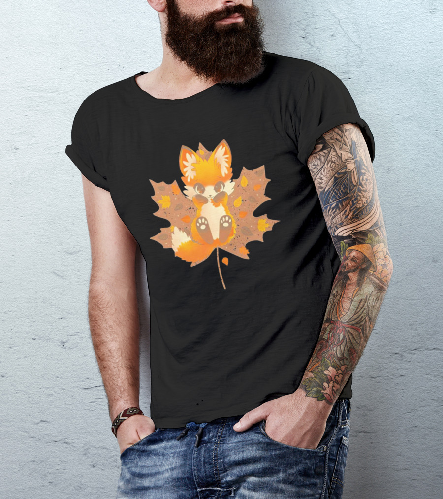 Kitsune Autumn Fox With Maple Leaf And Fall Colors T-Shirt