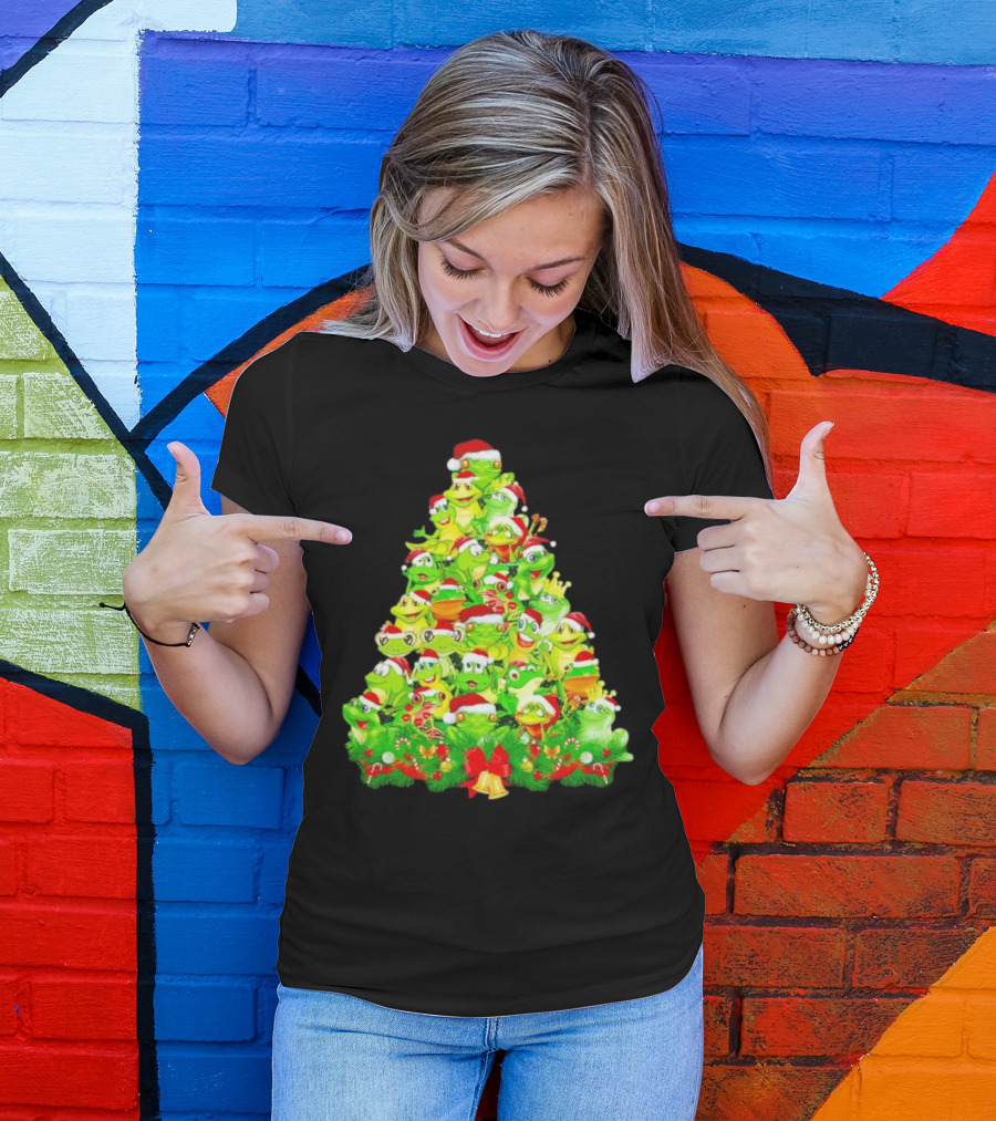 Frogs With Santa Hats Christmas Tree Holiday T-Shirt