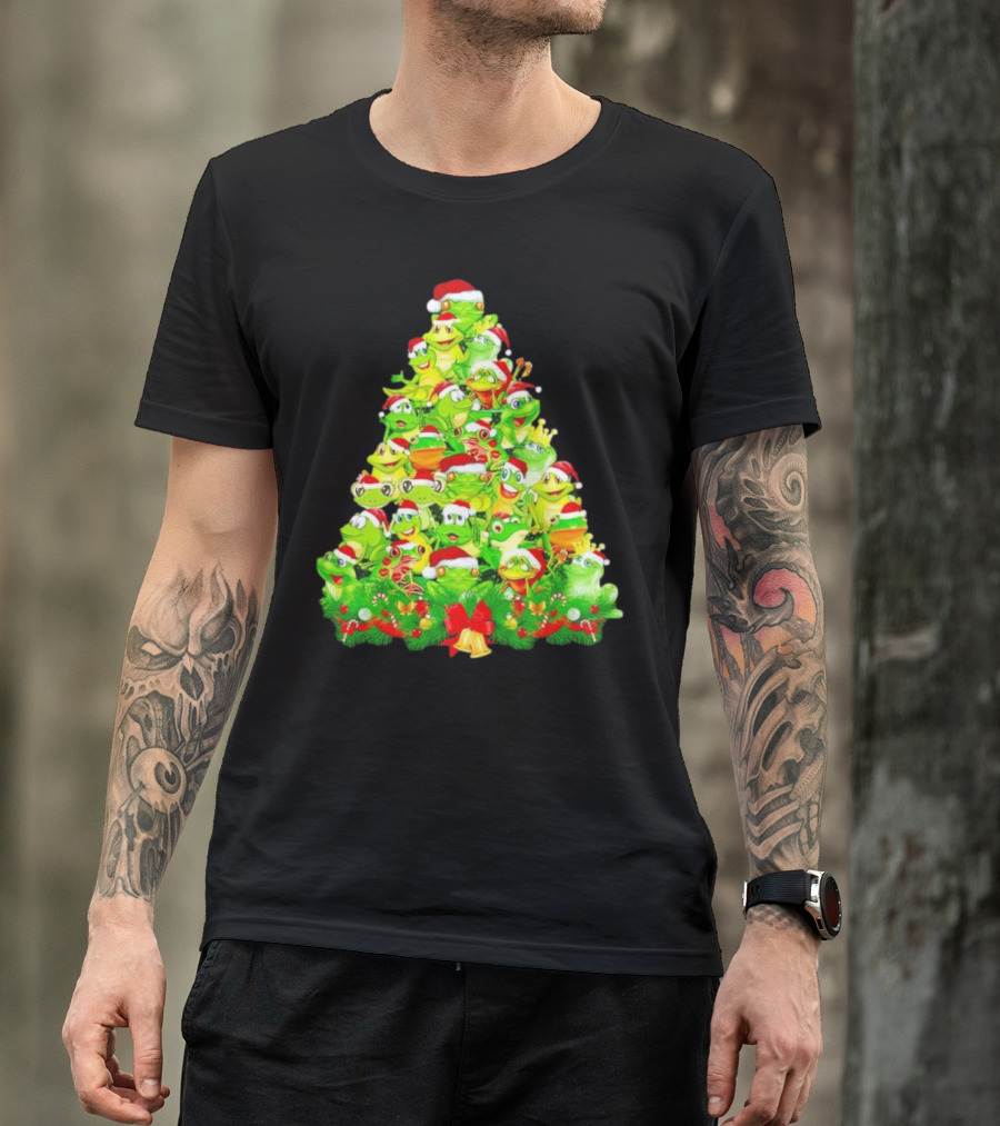 Frogs With Santa Hats Christmas Tree Holiday T-Shirt