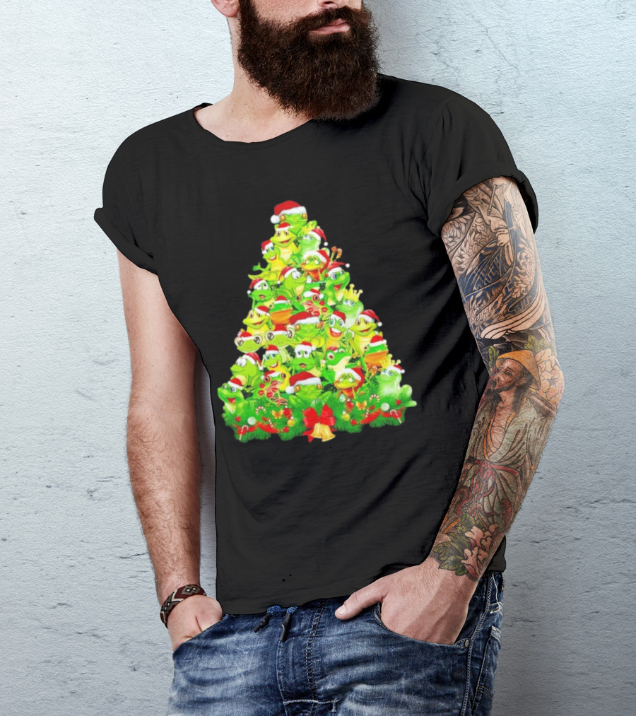 Frogs With Santa Hats Christmas Tree Holiday T-Shirt