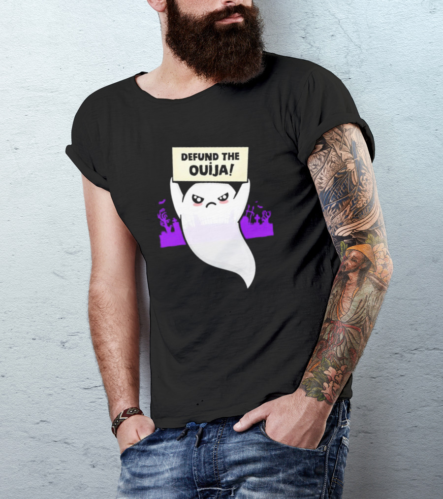 Defund The Ouija Angry Ghost Protest With Graveyard Background T-Shirt