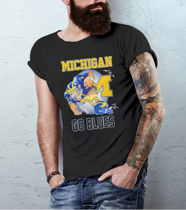 Michigan Wolverines Go Blues Football Player And Helmet T-Shirt