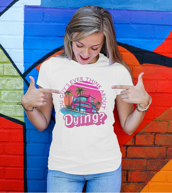 You Guy's Ever Think About Dying? Retro Palm Tree Sunset Vibrant Pink Neon Aesthetic T-Shirt