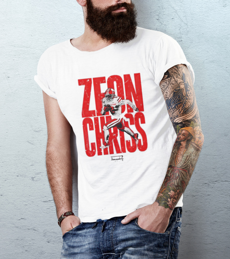 Zeon Chriss Football Caricature In Red Text And Black T-Shirt