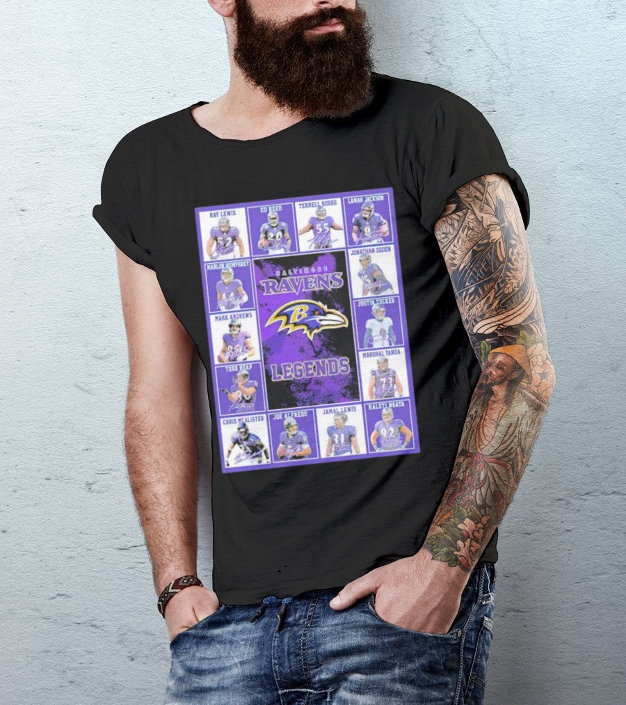 Signatures Of Baltimore Ravens Legends Featuring Ray Lewis Ed Reed Terrell Suggs Lamar Jackson Jonathan Ogden Justin Tucker T-Shirt