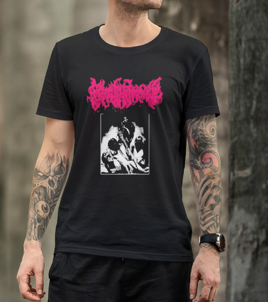 Gorehammer Graphic In Pink Gothic Font With Monochrome Horror Scene T-Shirt