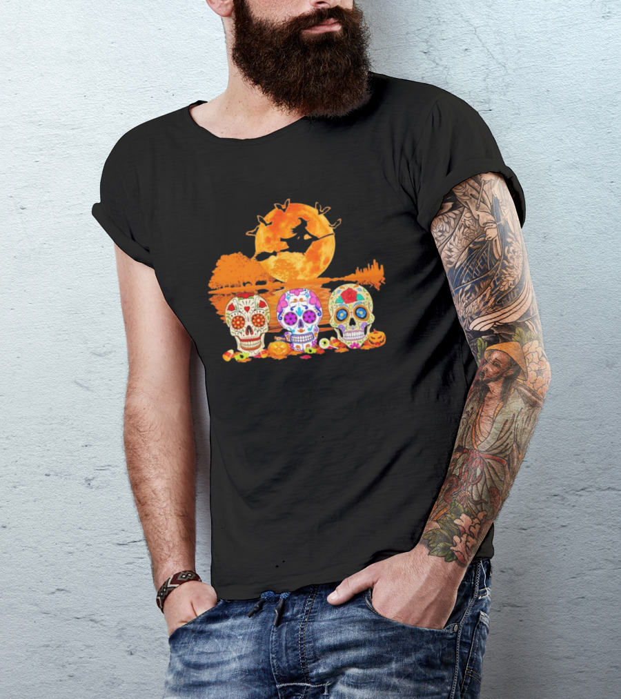 Halloween Witch Sugar Skulls Red Moon Scenic Night T-Shirt