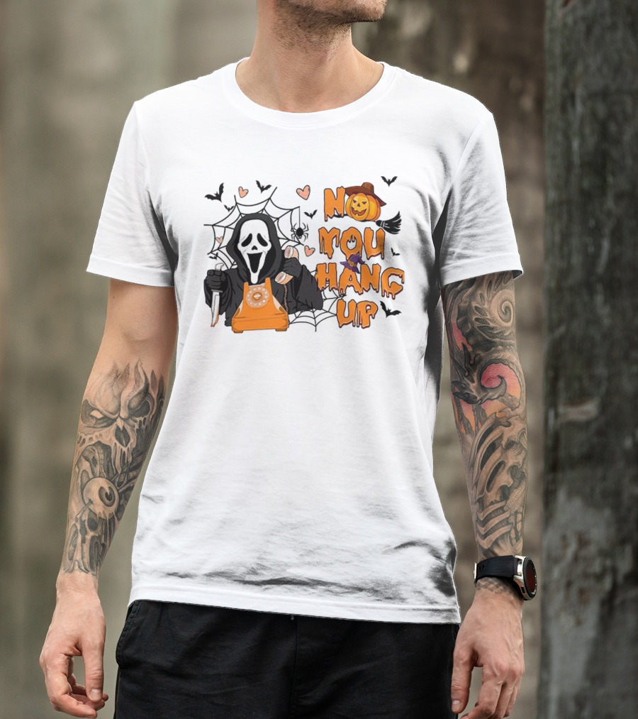 No You Hang Up Ghost With Pumpkin Phone Halloween Bats And Cobwebs T-Shirt