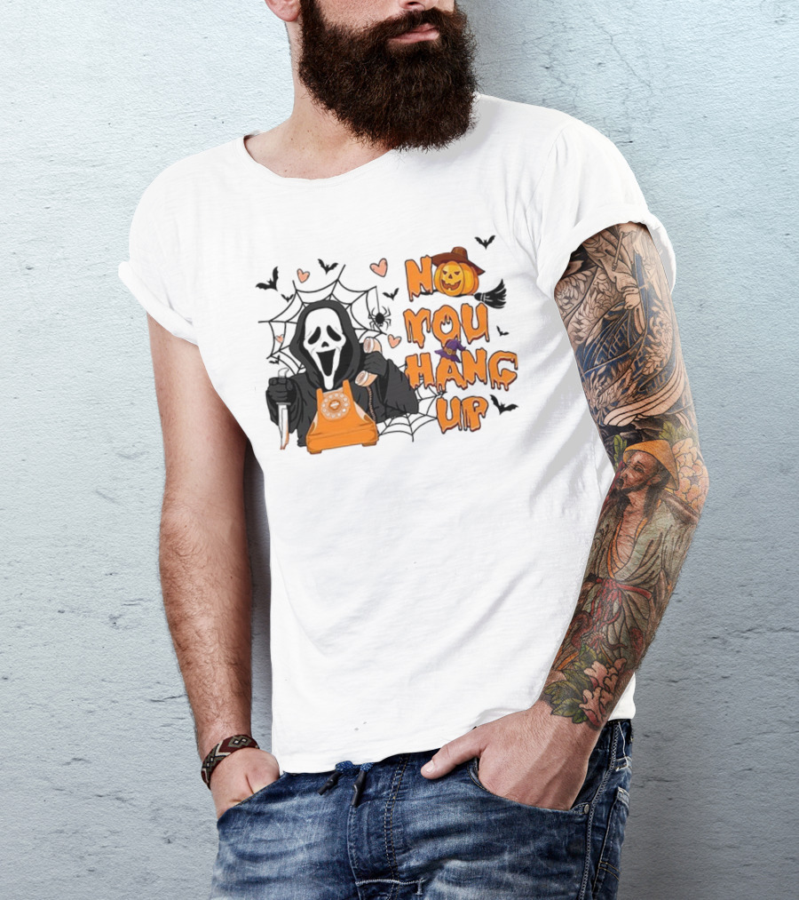 No You Hang Up Ghost With Pumpkin Phone Halloween Bats And Cobwebs T-Shirt