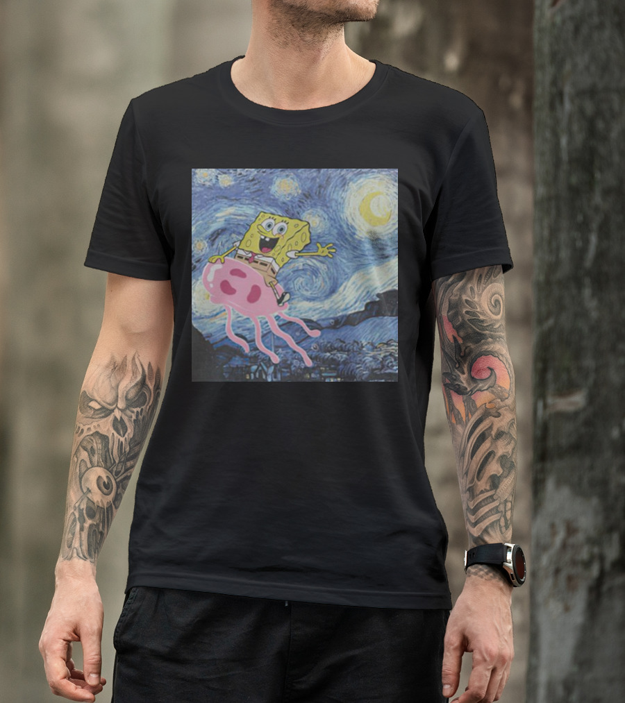 SpongeBob SquarePants Jellyfishing Van Gogh Starry Night Crossover T-Shirt