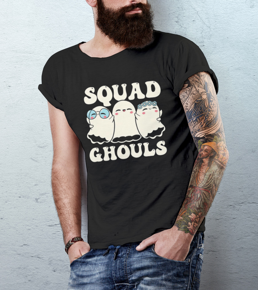 Squad Ghouls Halloween Cute Ghosts With Glasses And Flowers T-Shirt