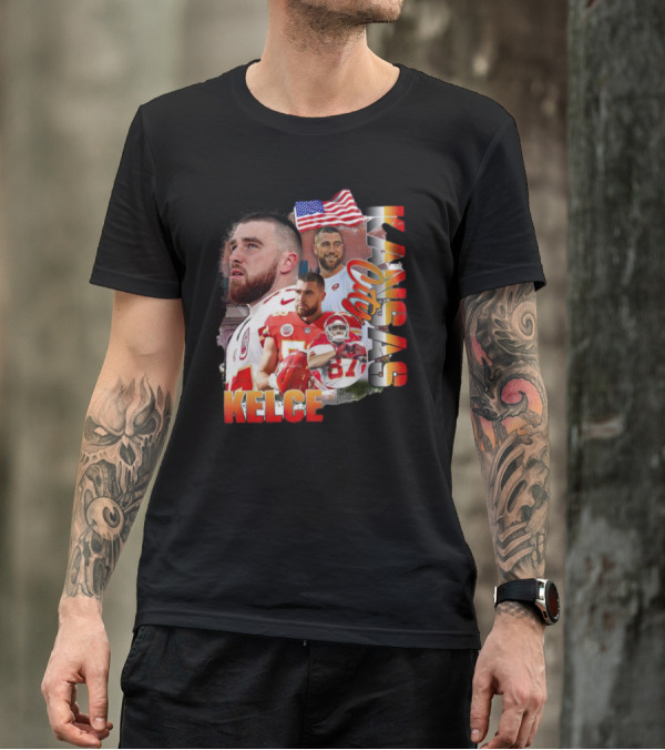 Kelce Kansas City Chiefs Collage With American Flag T-Shirt